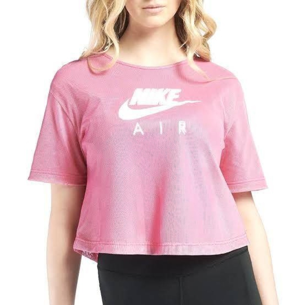 Nike Air Womens Pink Mesh Overlay Crop Top XS Short Sleeve Graphic Tee - Picture 1 of 8
